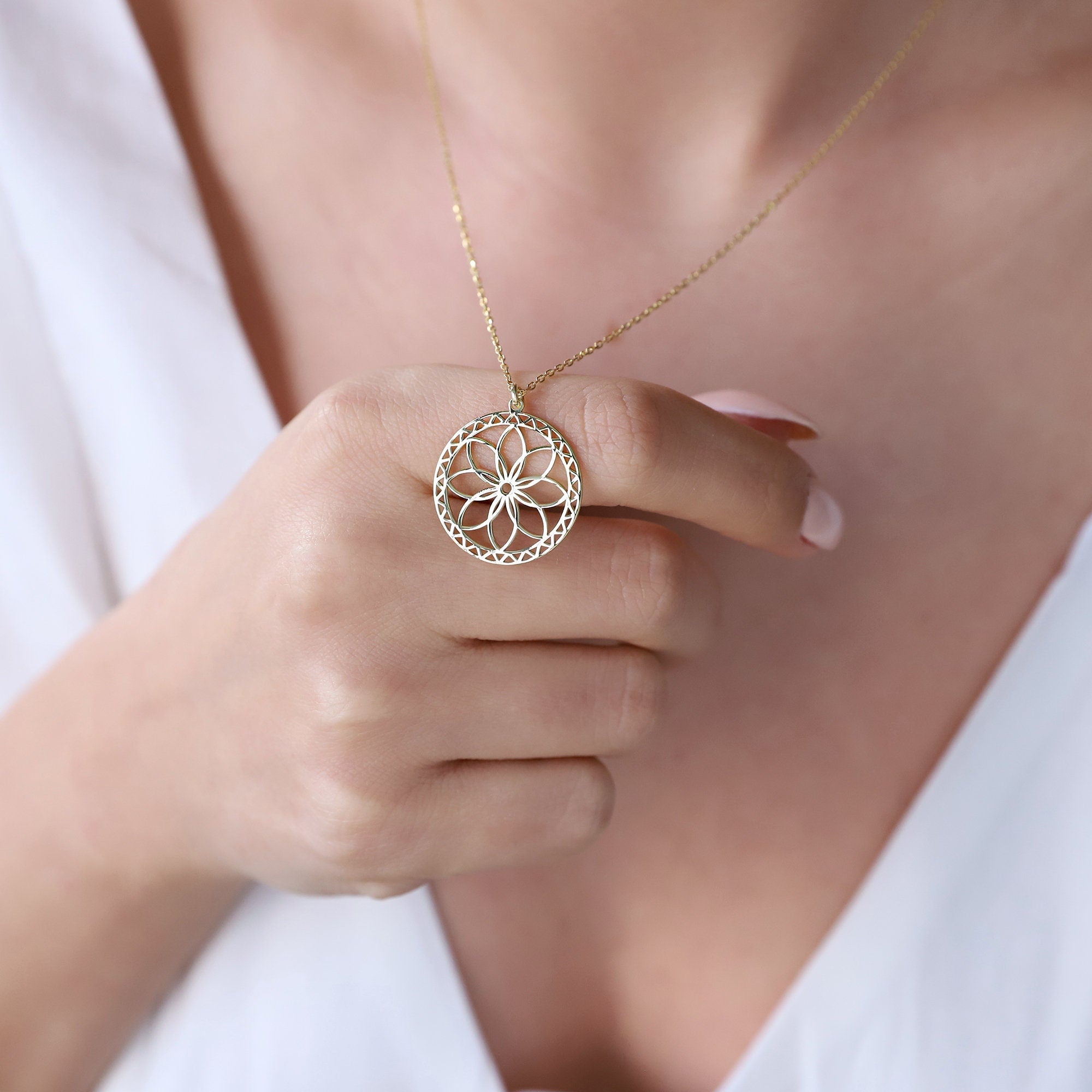 Mandala Necklace - Gold Sacred Geometry Seed of Life - Spiritual Jewelry for Yoga Lovers in Sterling Silver, Rose, and Gold